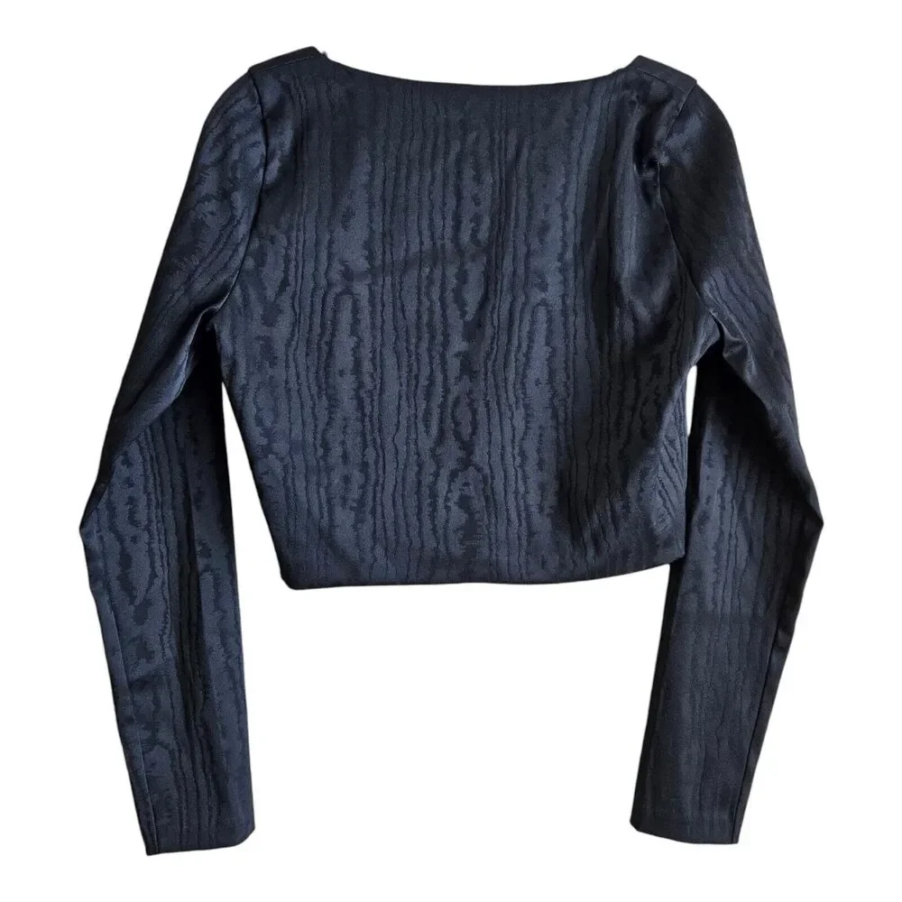 ZARA Women's L Blouse Cropped Bustier Black Satiny Long Sleeve Lined NEW NWT